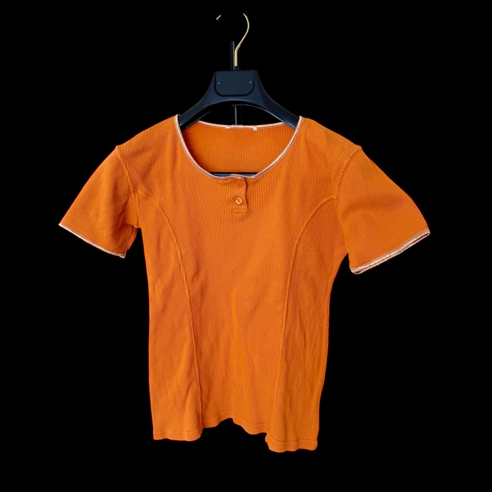 Vintage Orange Ribbed‎ Henley Knit Top Short Sleeve Satin Trim S/M